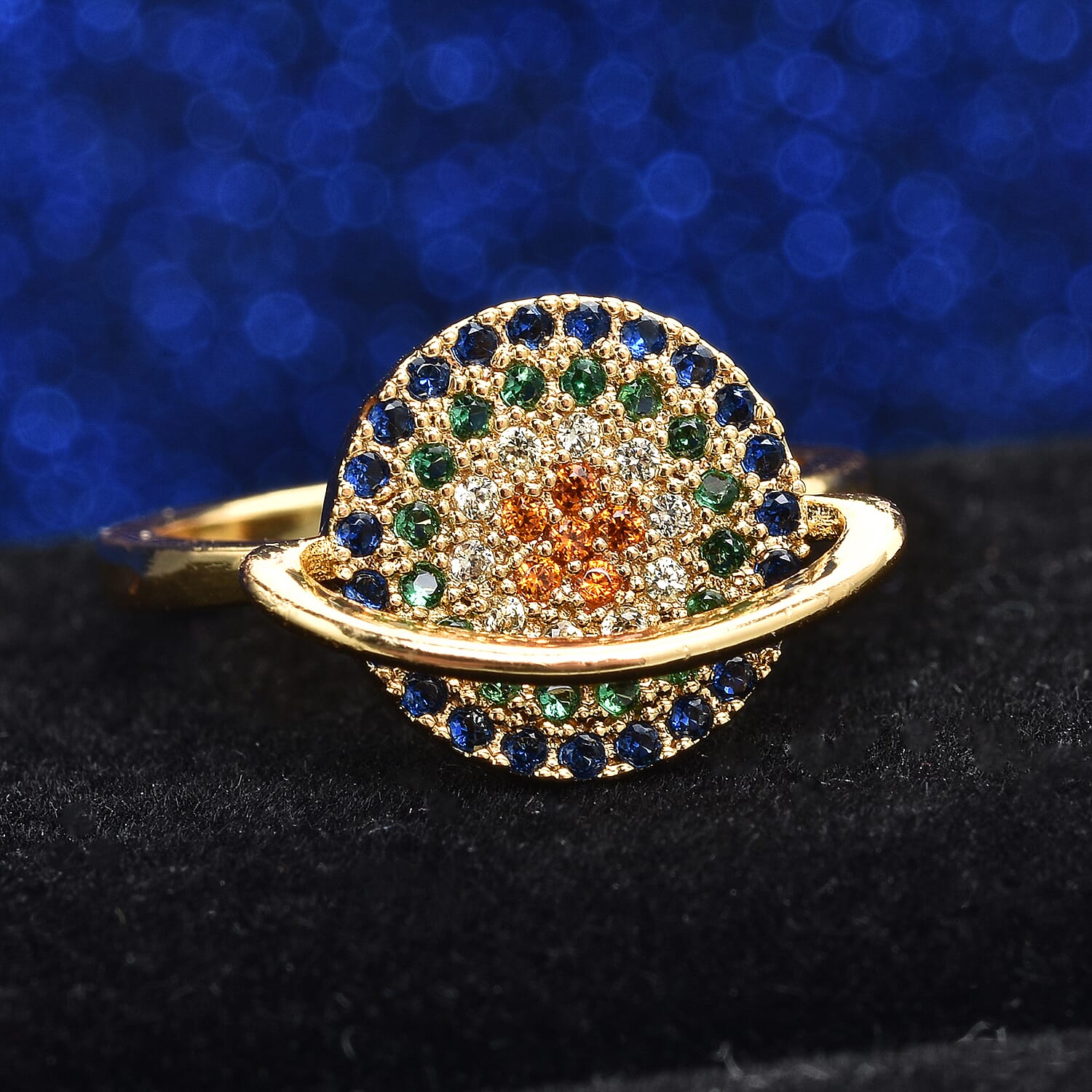Simulated Multi Color Diamond Ring in Goldtone (Size 7.0)