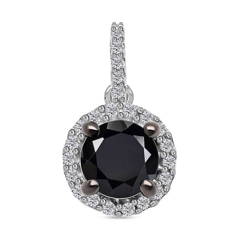 Black Diamond and Diamond Halo Pendant in Platinum Over Sterling Silver 2.00 ctw