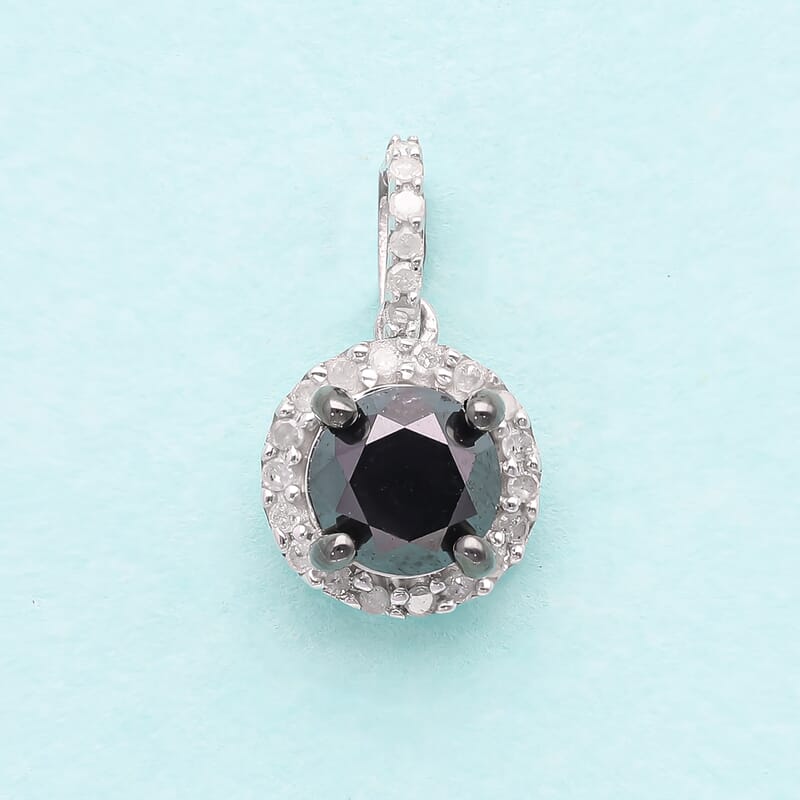 Black Diamond and Diamond Halo Pendant in Platinum Over Sterling Silver 2.00 ctw