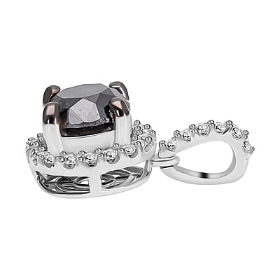 Black Diamond and Diamond Halo Pendant in Platinum Over Sterling Silver 2.00 ctw