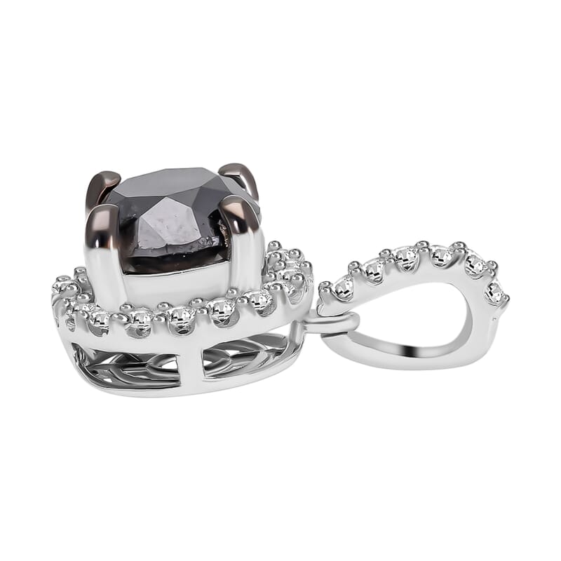 Black Diamond and Diamond Halo Pendant in Platinum Over Sterling Silver 2.00 ctw