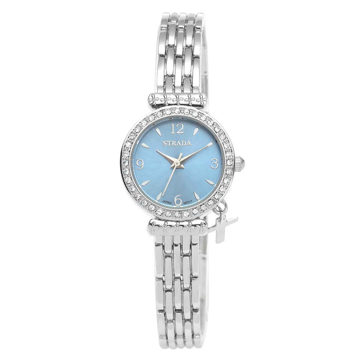 STRADA Austrian Crystal Japanese Movement Blue Dial Watch with Cross Charm in Silvertone Strap image number 0