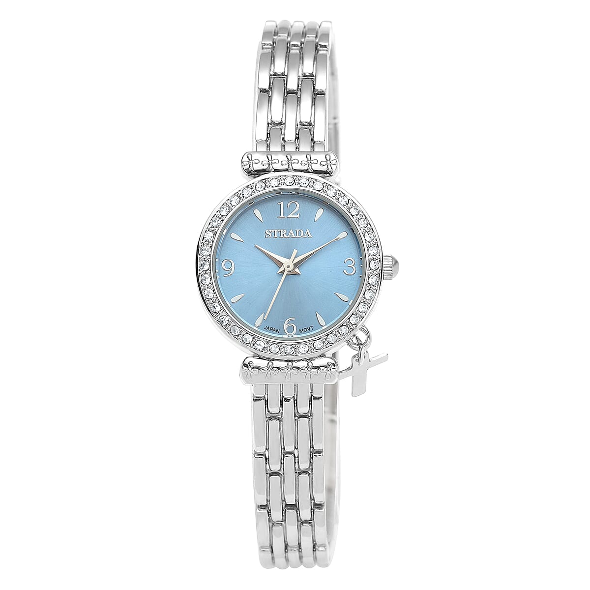 STRADA Austrian Crystal Japanese Movement Blue Dial Watch with Cross Charm in Silvertone Strap image number 0