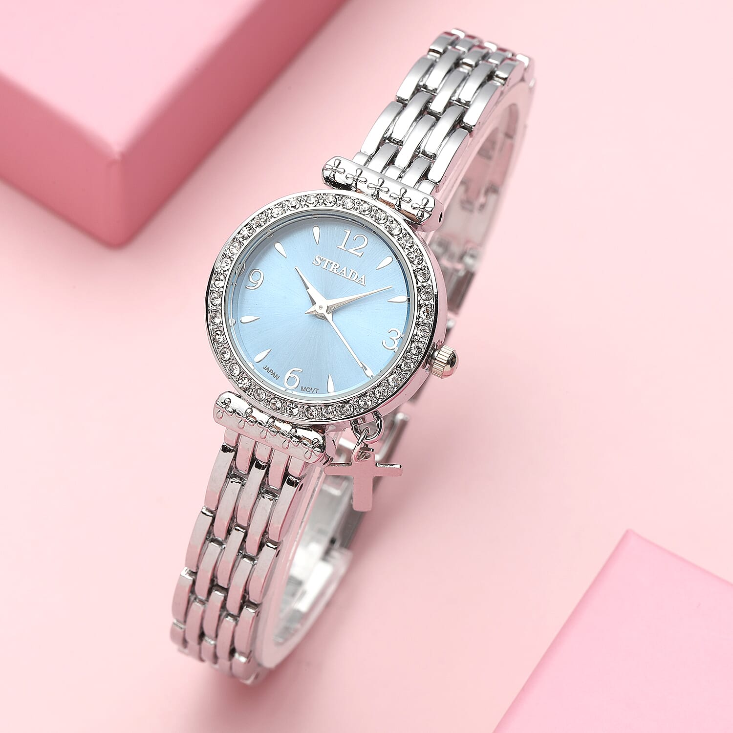 Strada Prayer Watch Austrian Crystal Japanese Movement Blue Dial with Cross Charm in Silvertone with Removable Links