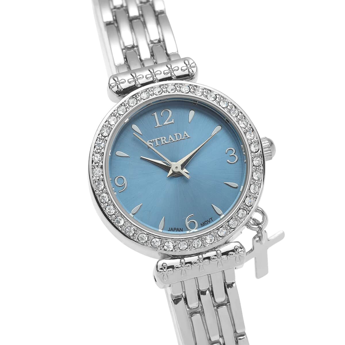 STRADA Austrian Crystal Japanese Movement Blue Dial Watch with Cross Charm in Silvertone Strap image number 3