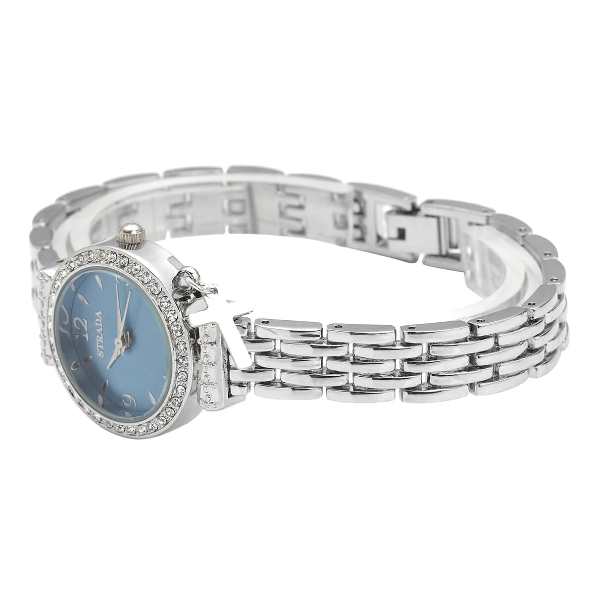 STRADA Austrian Crystal Japanese Movement Blue Dial Watch with Cross Charm in Silvertone Strap image number 4