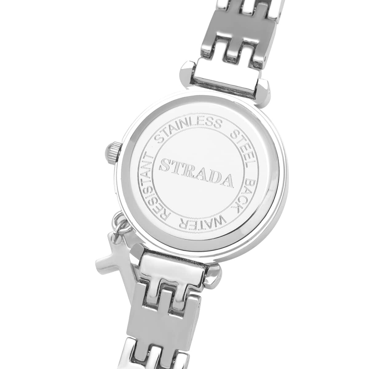 STRADA Austrian Crystal Japanese Movement Blue Dial Watch with Cross Charm in Silvertone Strap image number 5