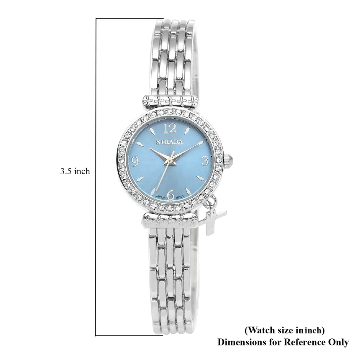 STRADA Austrian Crystal Japanese Movement Blue Dial Watch with Cross Charm in Silvertone Strap image number 6