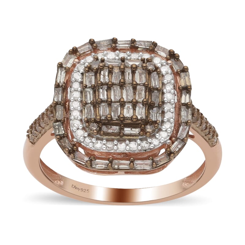 Natural Champagne and White Diamond Ring in Vermeil Rose Gold Over Sterling Silver (Size 10.0) 1.00 ctw