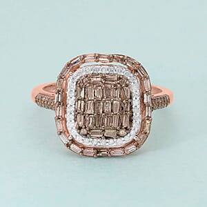 Natural Champagne and White Diamond Ring in Vermeil Rose Gold Over Sterling Silver (Size 10.0) 1.00 ctw