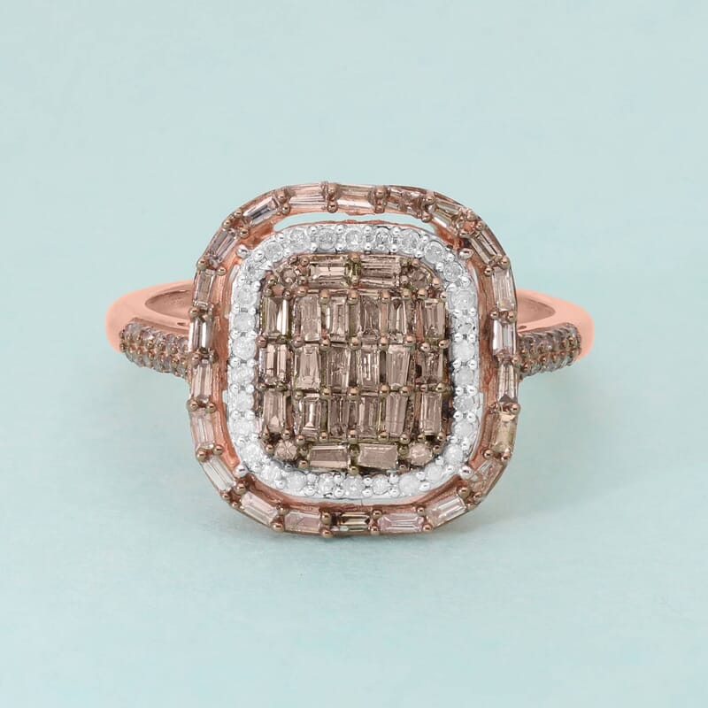 Natural Champagne and White Diamond Ring in Vermeil Rose Gold Over Sterling Silver (Size 10.0) 1.00 ctw