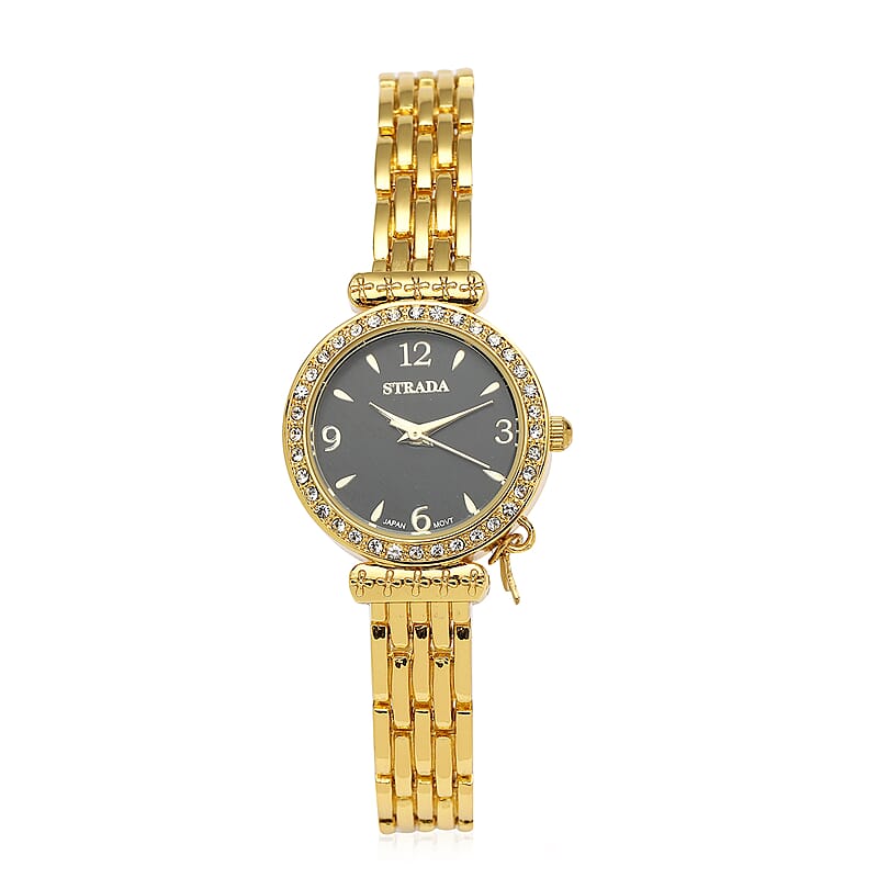 Strada Prayer Watch Austrian Crystal Japanese Movement Black Dial with Cross Charm in Goldtone