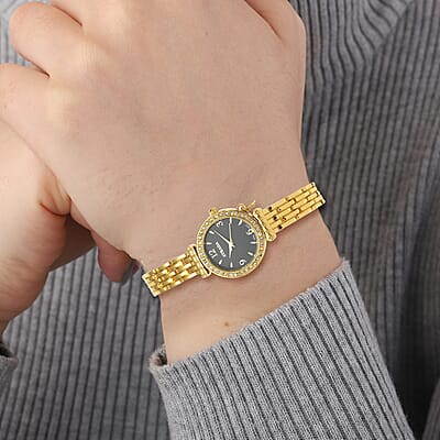 Strada Prayer Watch Austrian Crystal Japanese Movement Black Dial with Cross Charm in Goldtone