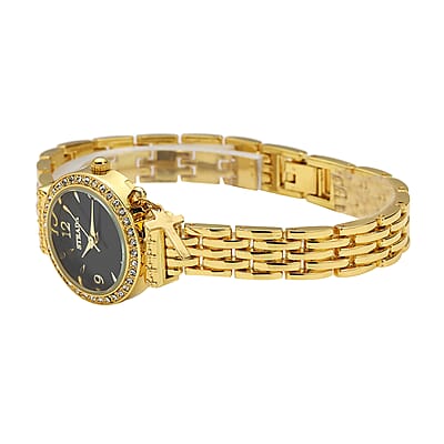 Strada Prayer Watch Austrian Crystal Japanese Movement Black Dial with Cross Charm in Goldtone