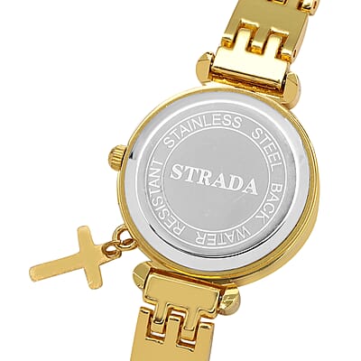 Strada Prayer Watch Austrian Crystal Japanese Movement Black Dial with Cross Charm in Goldtone