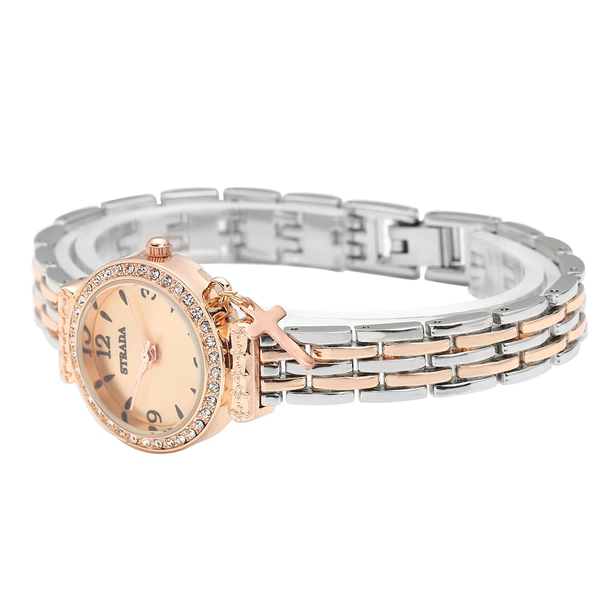 Strada Prayer Watch Austrian Crystal Japanese Movement Rose Gold Dial with Cross Charm in Silvertone and Rosetone image number 4