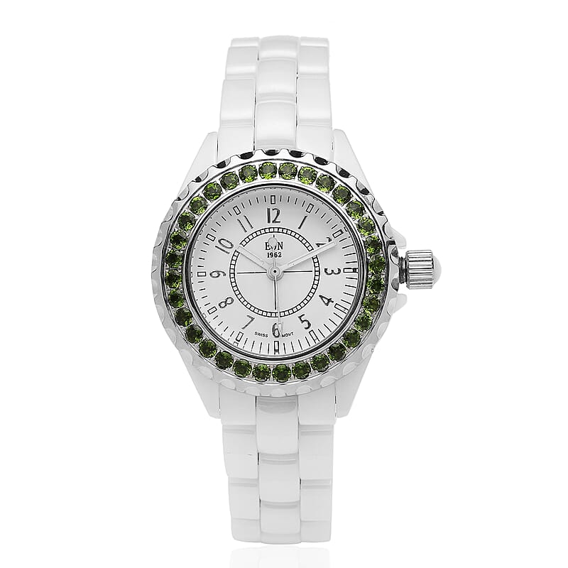 Eon 1962 Chrome Diopside Swiss Movement Halo Dial Watch with White Ceramic Strap 2.40 ctw