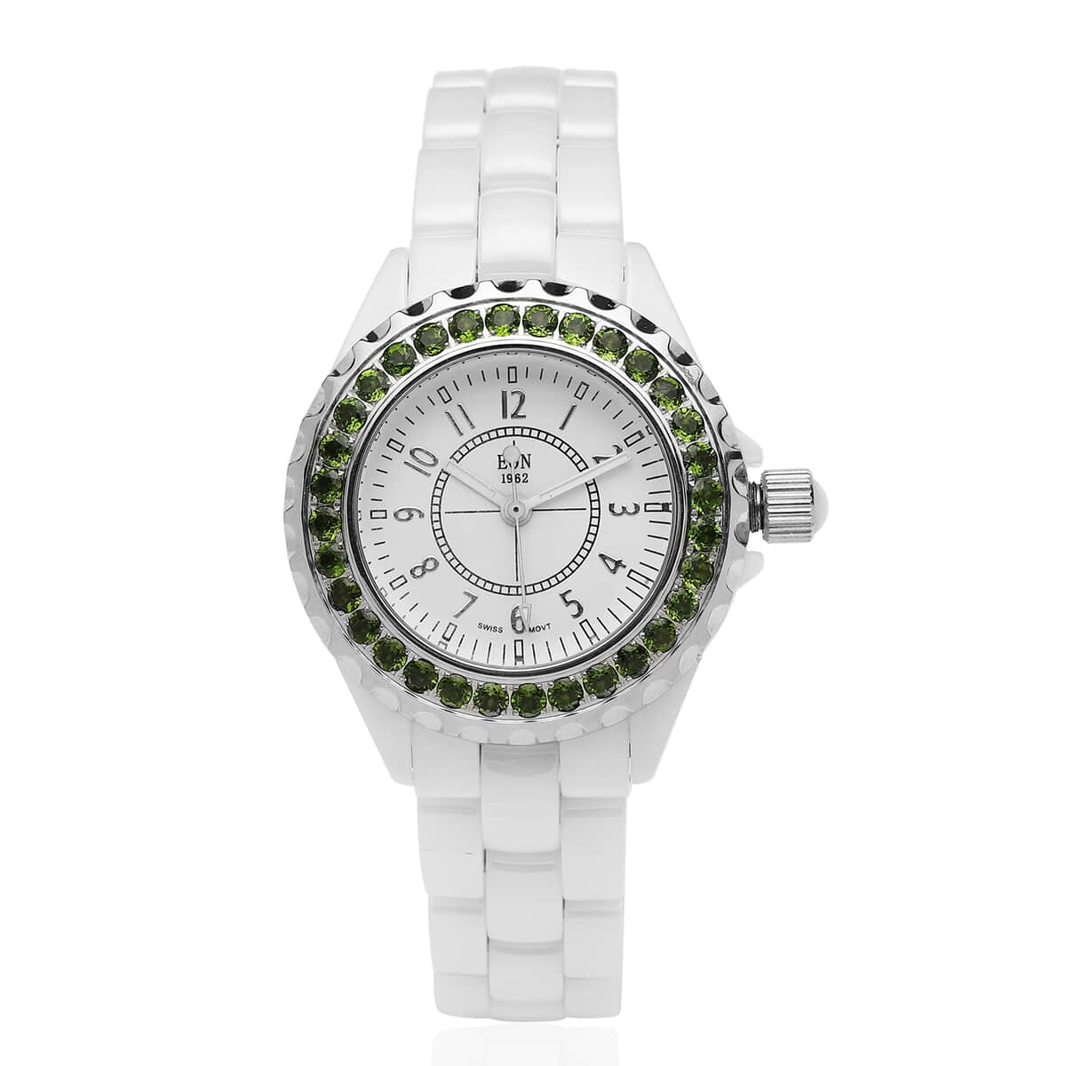 Eon 1962 Chrome Diopside Swiss Movement Halo Dial Watch with White Ceramic Strap 2.40 ctw image number 0