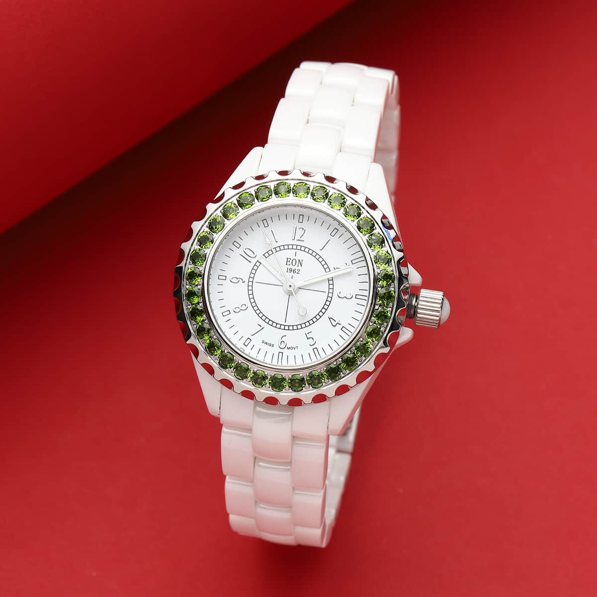 EON 1962 Natural Chrome Diopside Swiss Movement Double Halo Dial Watch with White Ceramic Strap 0.10 ctw image number 1