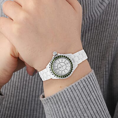 Eon 1962 Chrome Diopside Swiss Movement Halo Dial Watch with White Ceramic Strap 2.40 ctw