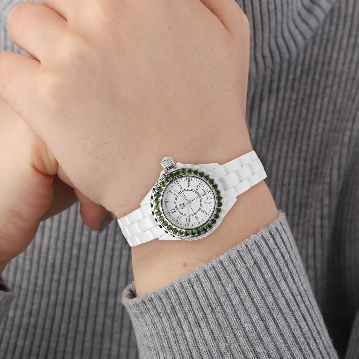 EON 1962 Natural Chrome Diopside Swiss Movement Double Halo Dial Watch with White Ceramic Strap 0.10 ctw image number 2