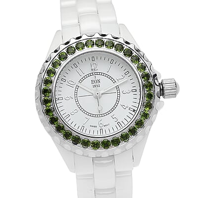 Eon 1962 Chrome Diopside Swiss Movement Halo Dial Watch with White Ceramic Strap 2.40 ctw