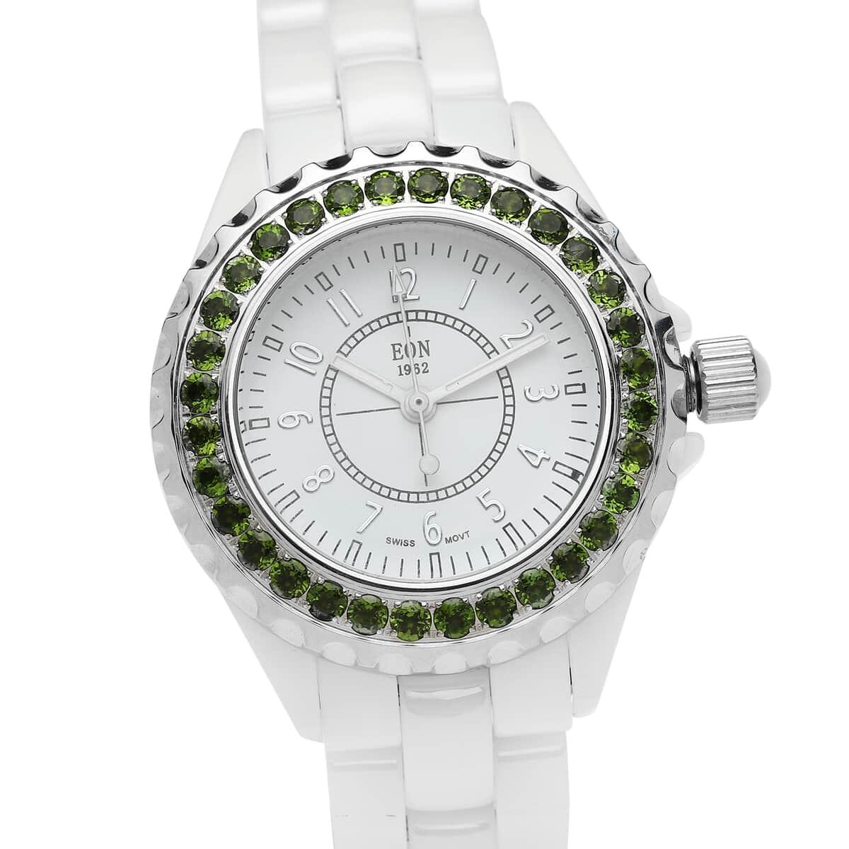 EON 1962 Natural Chrome Diopside Swiss Movement Double Halo Dial Watch with White Ceramic Strap 0.10 ctw image number 3