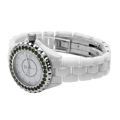 Eon 1962 Chrome Diopside Swiss Movement Halo Dial Watch with White Ceramic Strap 2.40 ctw
