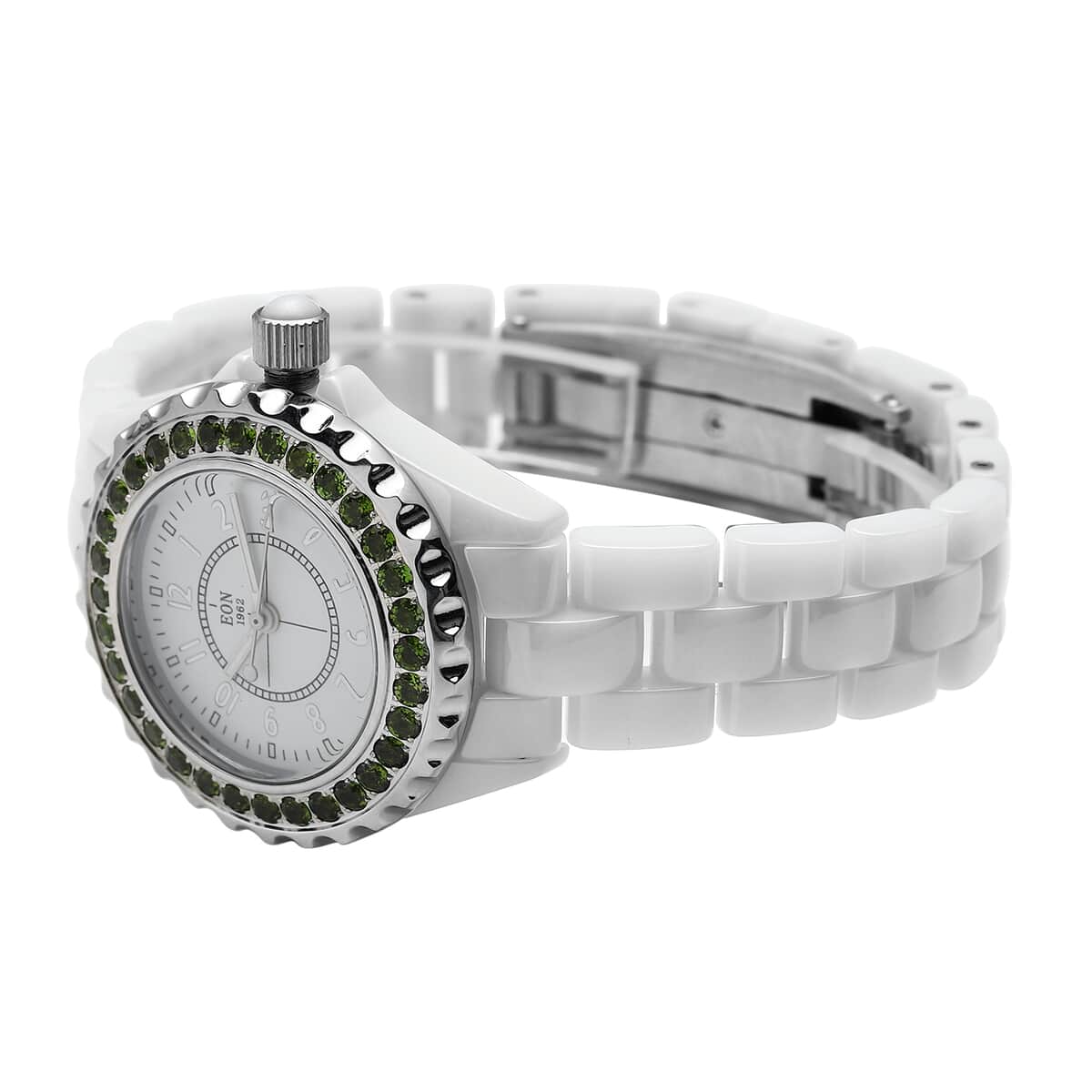 EON 1962 Natural Chrome Diopside Swiss Movement Double Halo Dial Watch with White Ceramic Strap 0.10 ctw image number 4