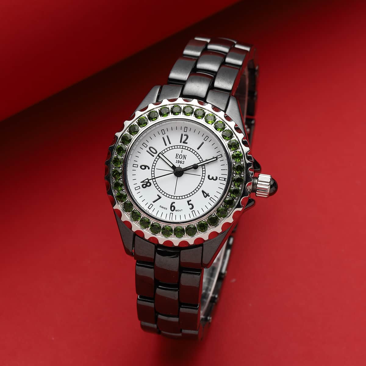 Eon 1962 Chrome Diopside Swiss Movement Halo Dial Watch with Black Ceramic Strap 2.40 ctw image number 1
