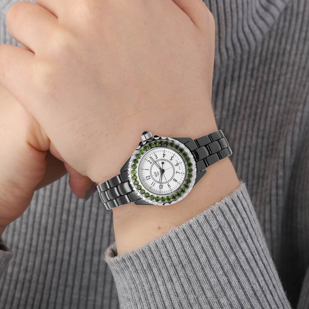 Eon 1962 Chrome Diopside Swiss Movement Halo Dial Watch with Black Ceramic Strap 2.40 ctw image number 2