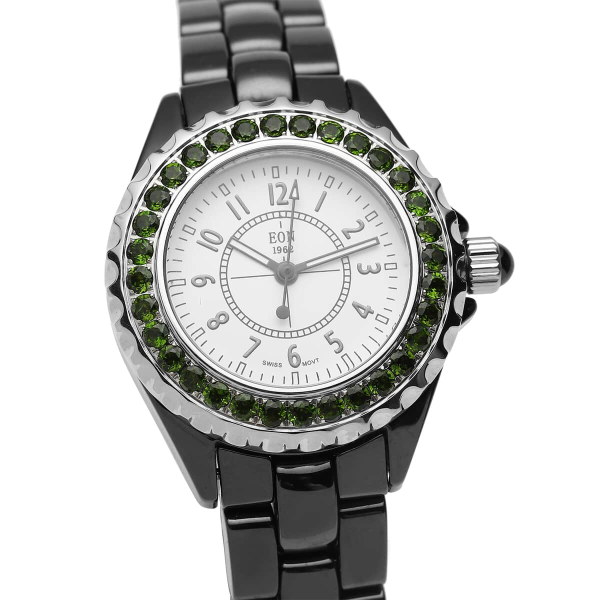 Eon 1962 Chrome Diopside Swiss Movement Halo Dial Watch with Black Ceramic Strap 2.40 ctw image number 3
