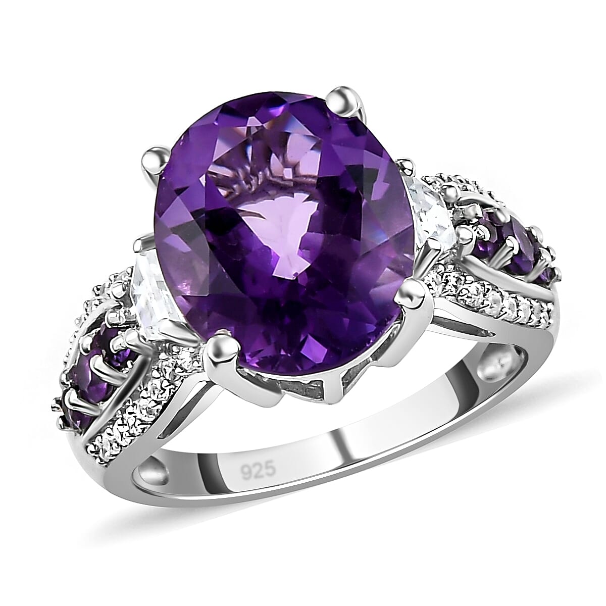Lusaka Amethyst and White Zircon 6.30 ctw Ring in Platinum Over Sterling Silver (Size 5.5)