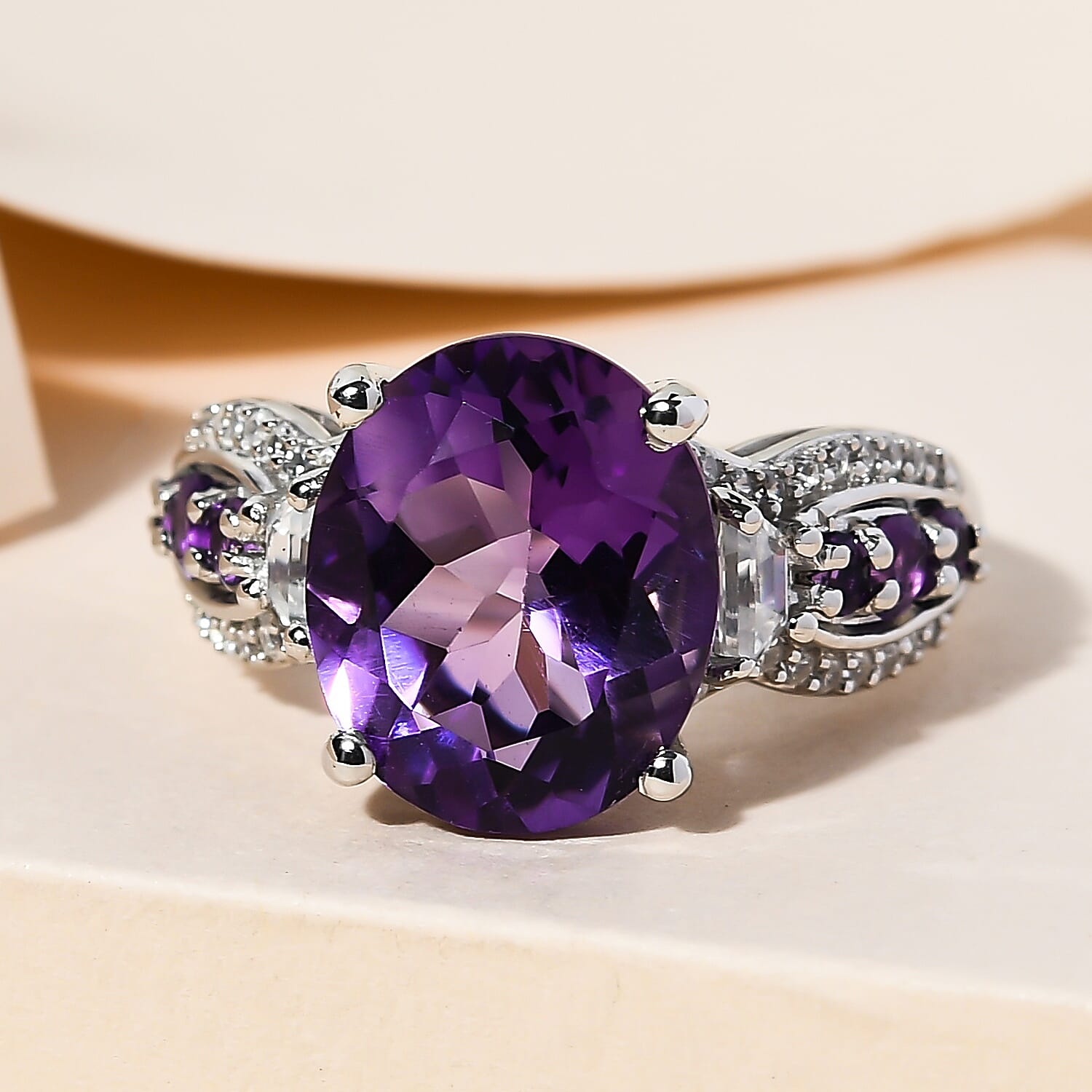 Lusaka Amethyst and White Zircon 6.30 ctw Ring in Platinum Over Sterling Silver (Size 5.5)