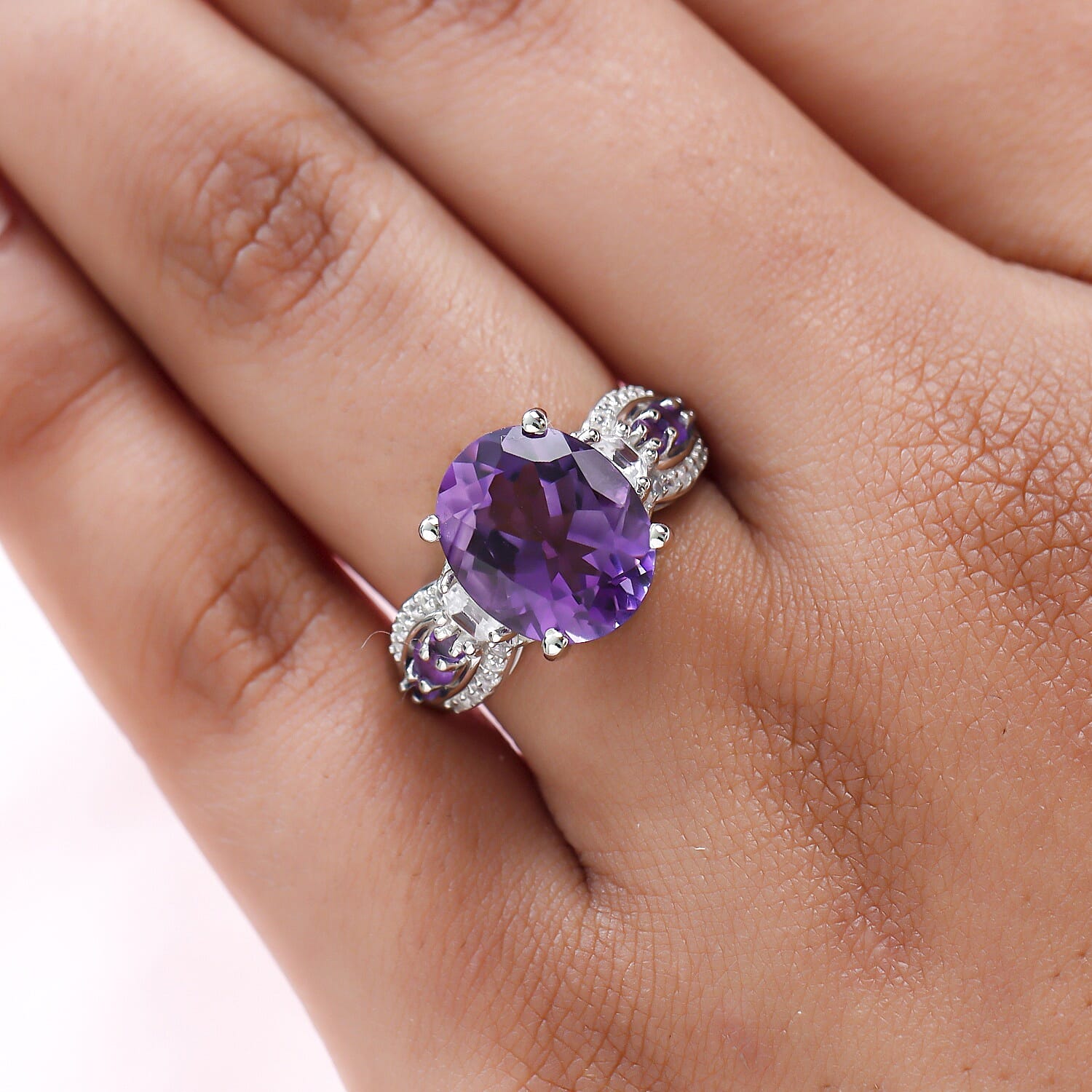 Lusaka Amethyst and White Zircon 6.30 ctw Ring in Platinum Over Sterling Silver (Size 5.5)