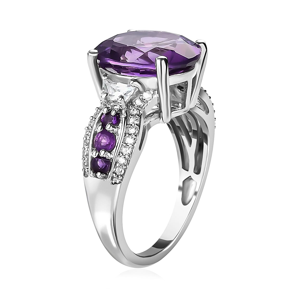 Lusaka Amethyst and White Zircon 6.30 ctw Ring in Platinum Over Sterling Silver (Size 5.5)