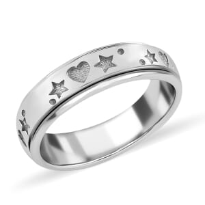 Star & Heart Spinner Ring in Sterling Silver, Anxiety Ring for Women, 925 Sterling Silver Spinner Ring, Fidget Rings for Anxiety for Women, Stress Relieving Anxiety Ring (Size 11.0) (5.15 g)