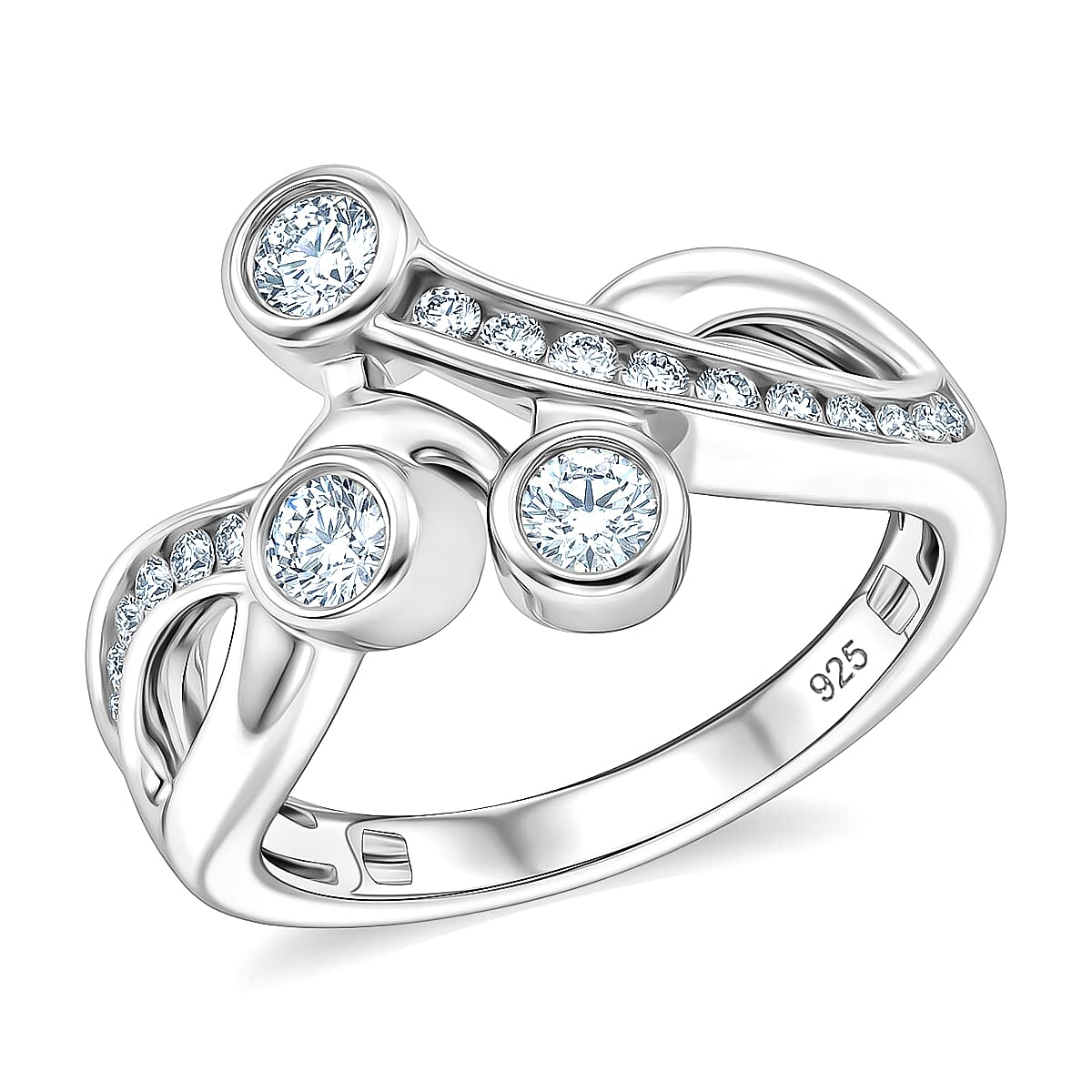 Moissanite 0.65 ctw Bypass Ring in Platinum Over Sterling Silver (Size 5.5)