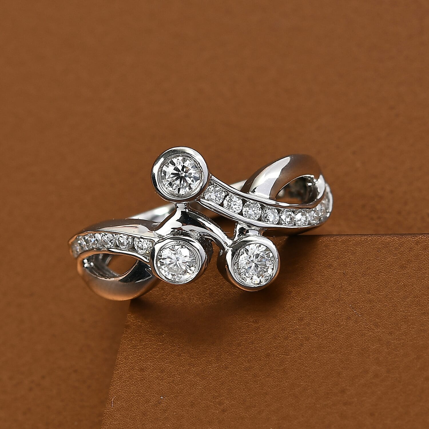 Moissanite 0.65 ctw Bypass Ring in Platinum Over Sterling Silver (Size 5.5)