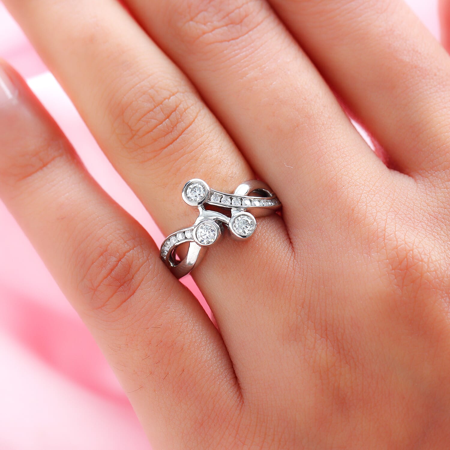 Moissanite 0.65 ctw Bypass Ring in Platinum Over Sterling Silver (Size 5.5)