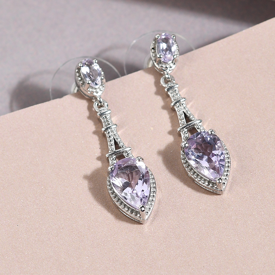 Rose De France Amethyst Dangling Earrings in Platinum Over Sterling Silver 2.65 ctw