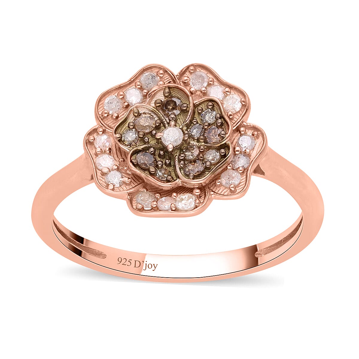 Natural Champagne and White Diamond Floral Ring in Vermeil Rose Gold Over Sterling Silver (Size 10.0) 0.33 ctw