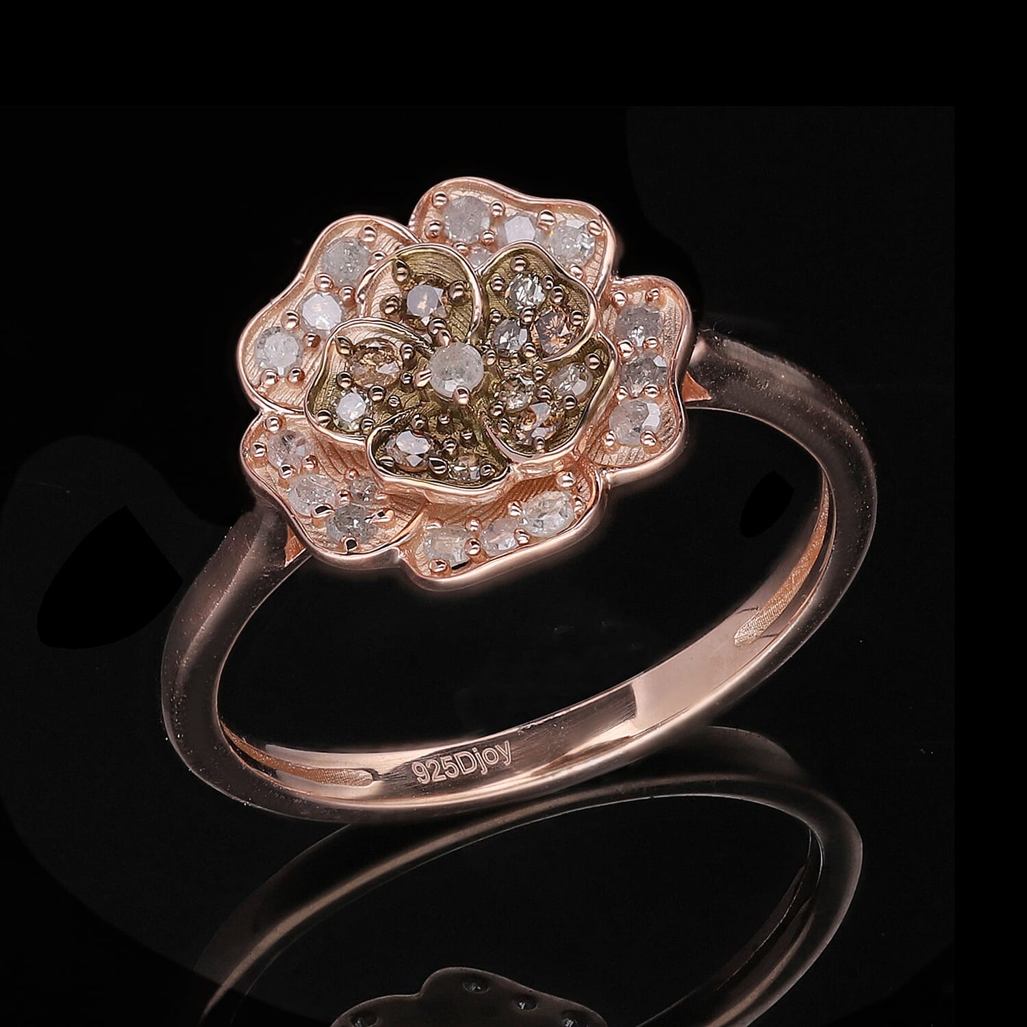 Natural Champagne and White Diamond Floral Ring in Vermeil Rose Gold Over Sterling Silver (Size 10.0) 0.33 ctw