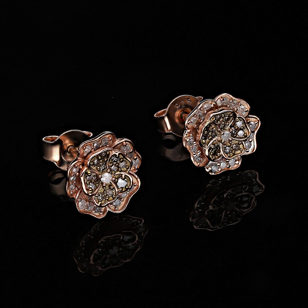 Natural Champagne and White Diamond Floral Stud Earrings in Vermeil Rose Gold Over Sterling Silver 0.33 ctw image number 1
