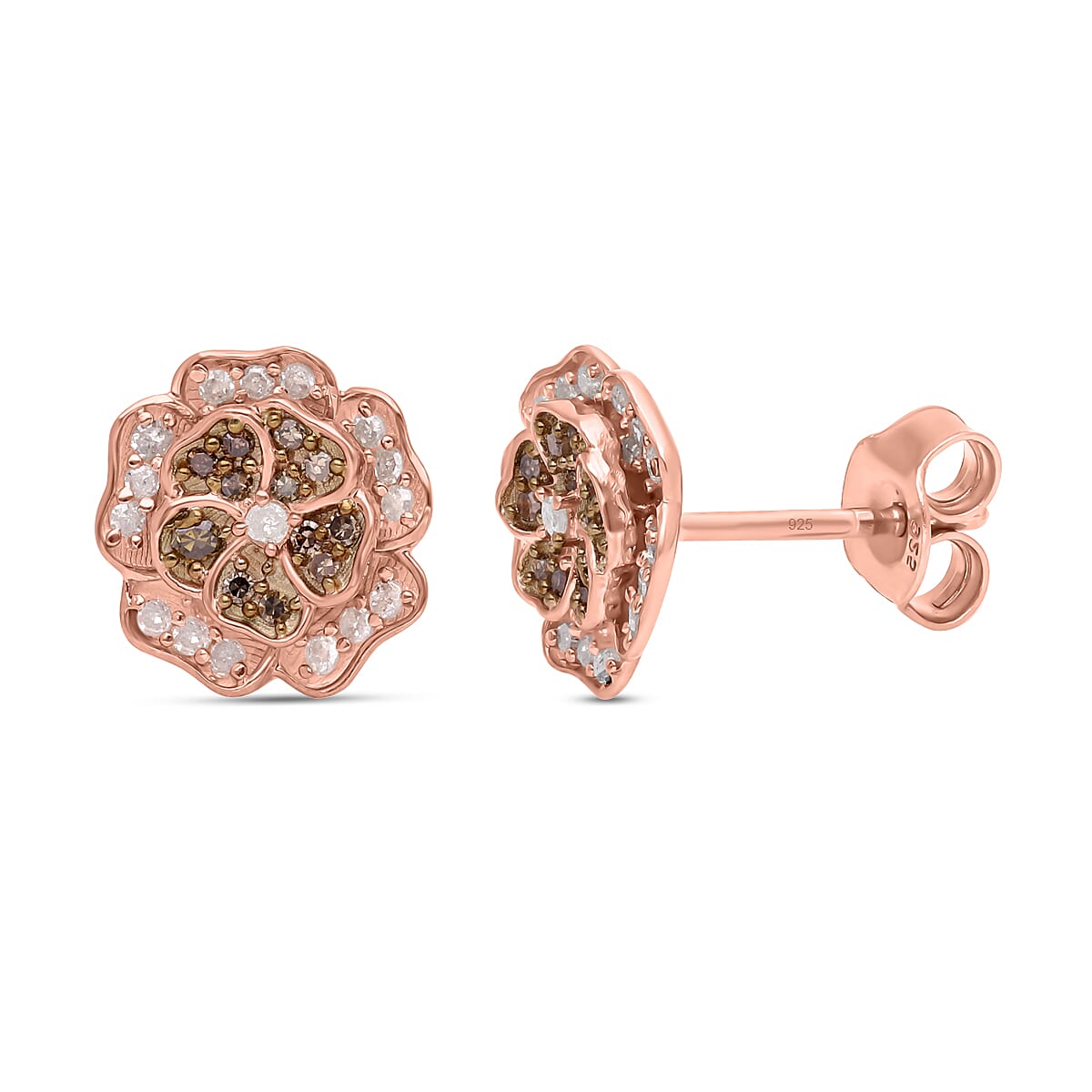 Natural Champagne and White Diamond Floral Stud Earrings in Vermeil Rose Gold Over Sterling Silver 0.33 ctw image number 3