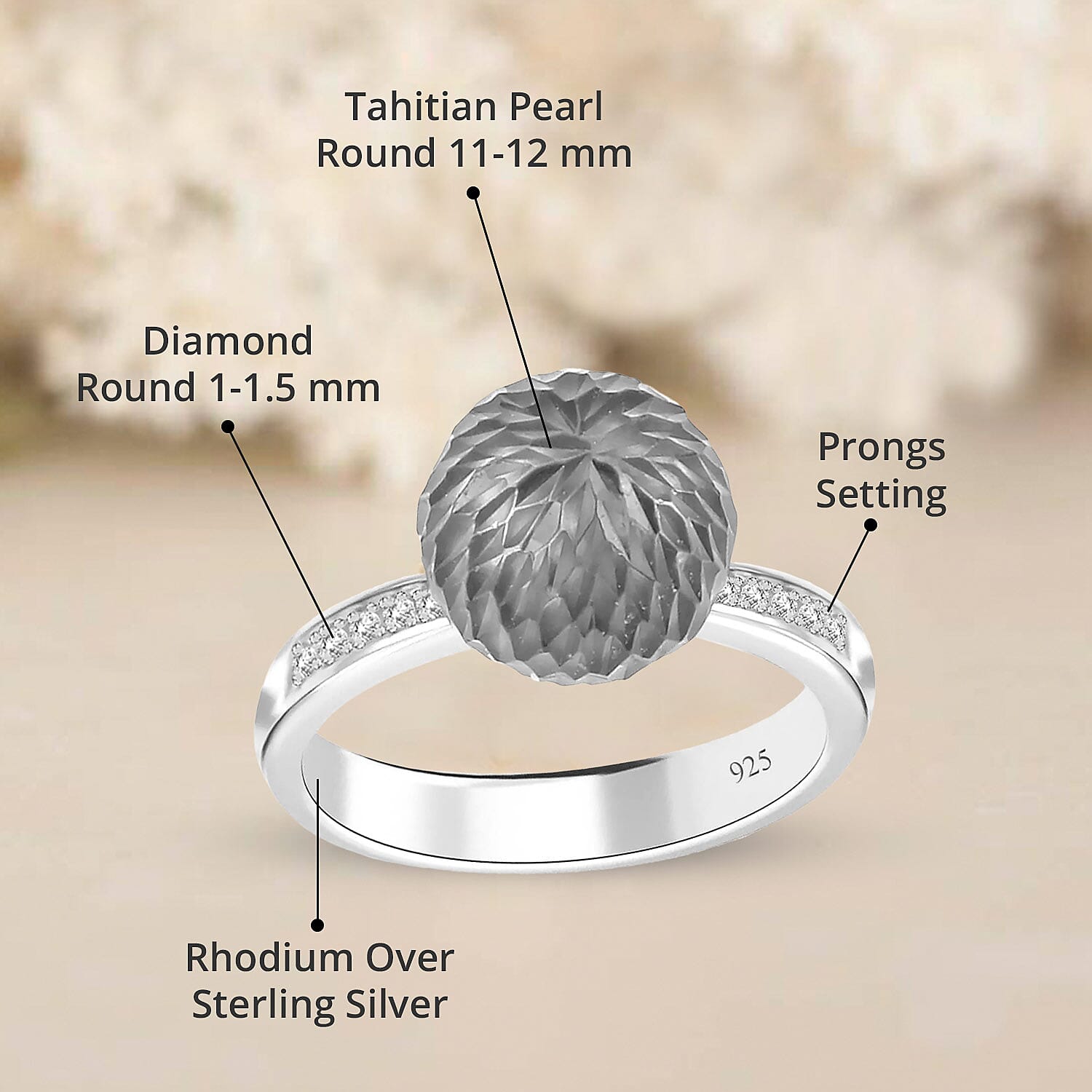 Tahitian Cultured Pearl 11-12mm and Diamond Ring in Rhodium Over Sterling Silver (Size 10.0) 0.09 ctw