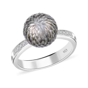 Tahitian Cultured Pearl Carved and Diamond Ring in Rhodium Over Sterling Silver (Size 6.0) 0.10 ctw