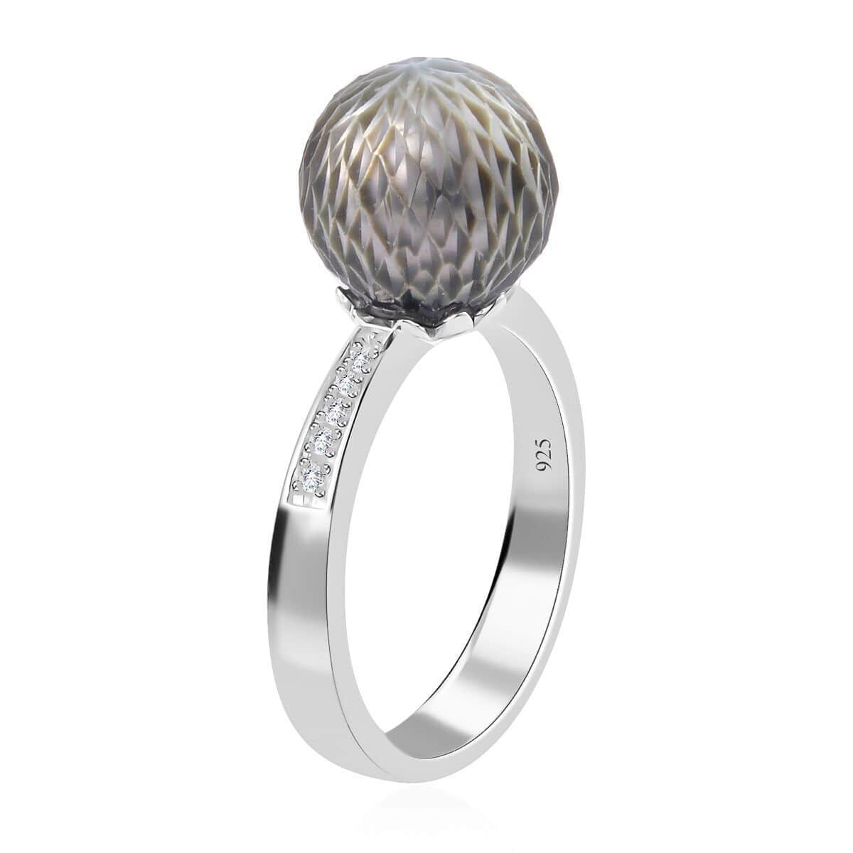 Tahitian Cultured Pearl Carved and Diamond Ring in Rhodium Over Sterling Silver (Size 6.0) 0.10 ctw image number 3