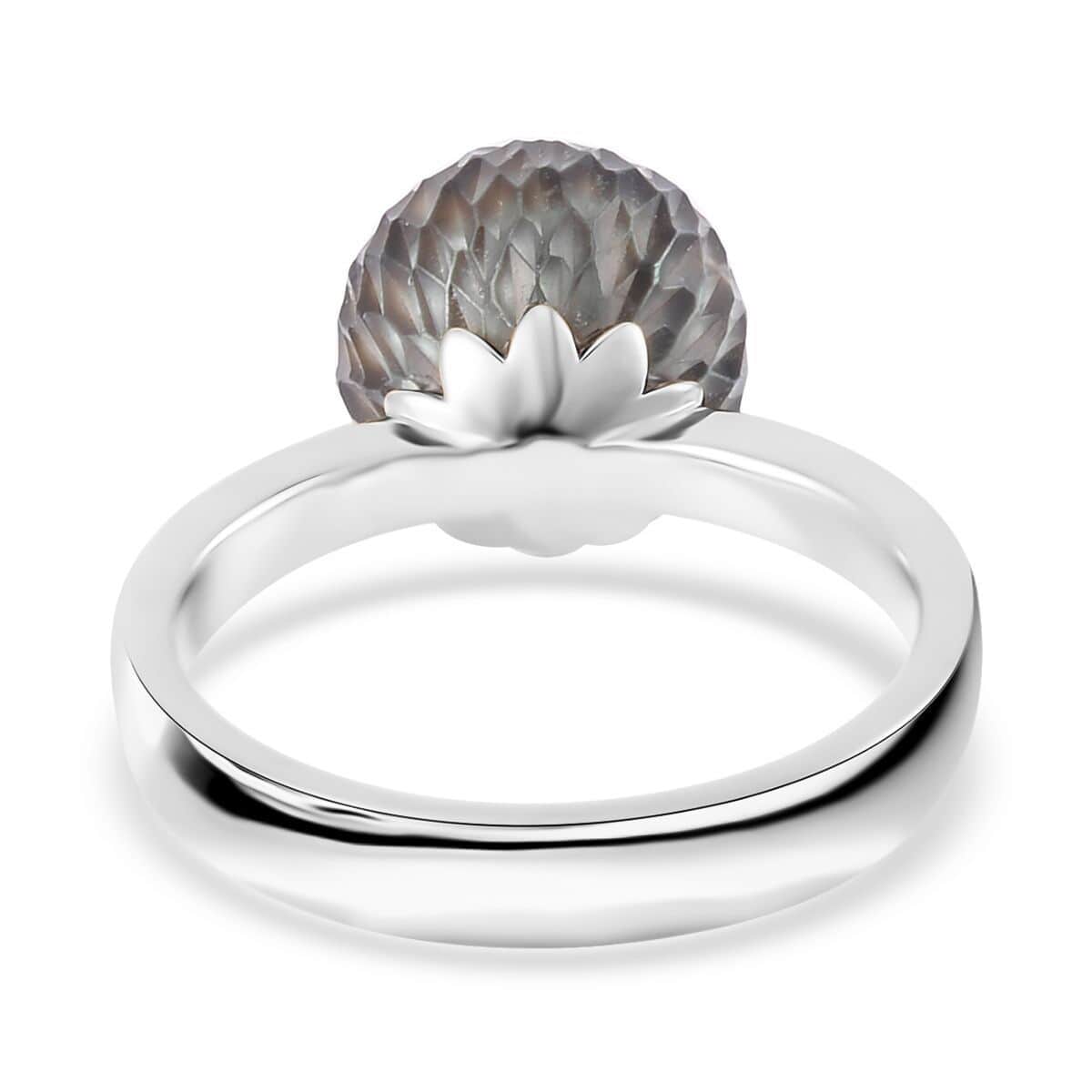Tahitian Cultured Pearl Carved and Diamond Ring in Rhodium Over Sterling Silver (Size 6.0) 0.10 ctw image number 4