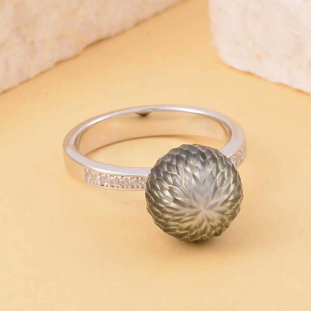 Tahitian Cultured Pearl Carved and Diamond Ring in Rhodium Over Sterling Silver (Size 7.0) 0.10 ctw image number 1